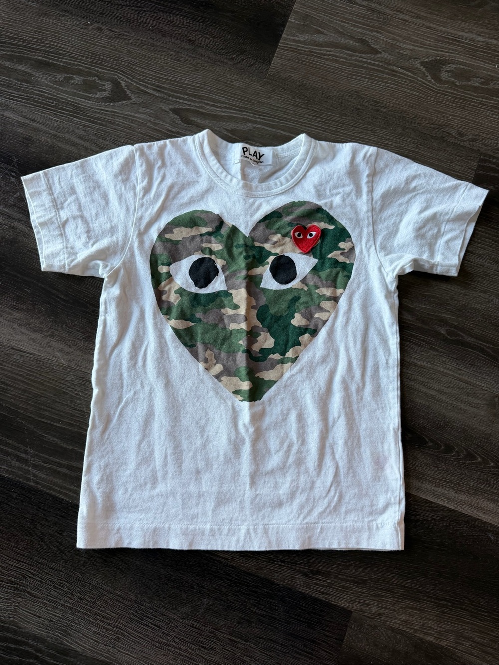 Comme des Garcons PLAY White Tee with Camo Heart and Red Heart Patch
